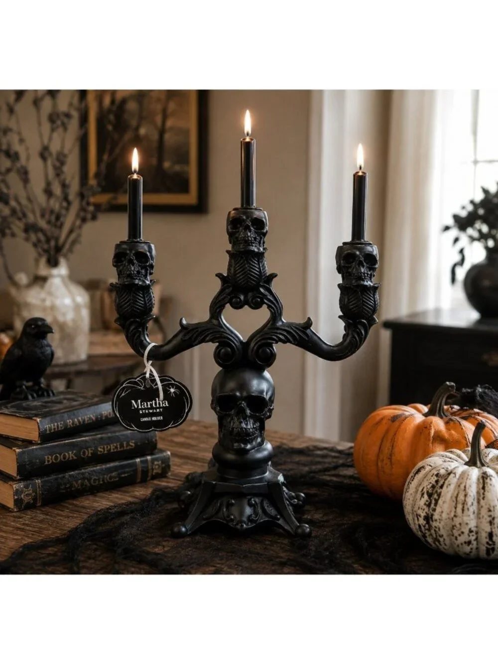 Halloween Skull Candelabra 3 Arm Black Gothic Candle Holder New Martha Stewart